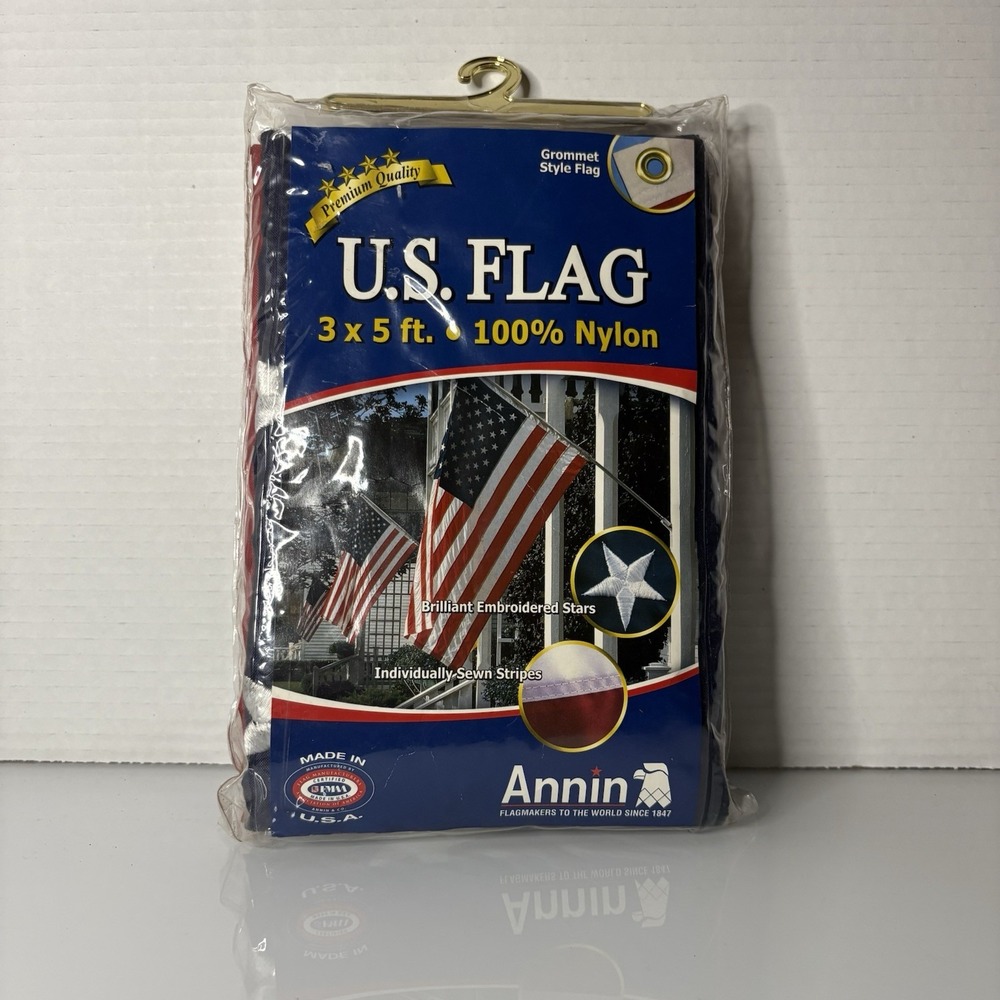 Annin Nylon USA Flag Embroidered Stars And Sewn Stripes Grommets 3ft x 5ft NEW